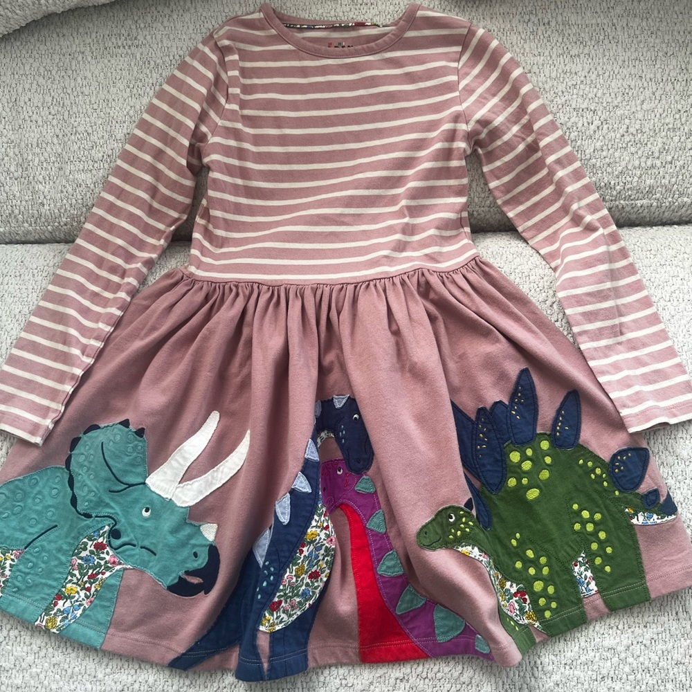 Mini Boden Striped Pink Dinosaur Kids Dress